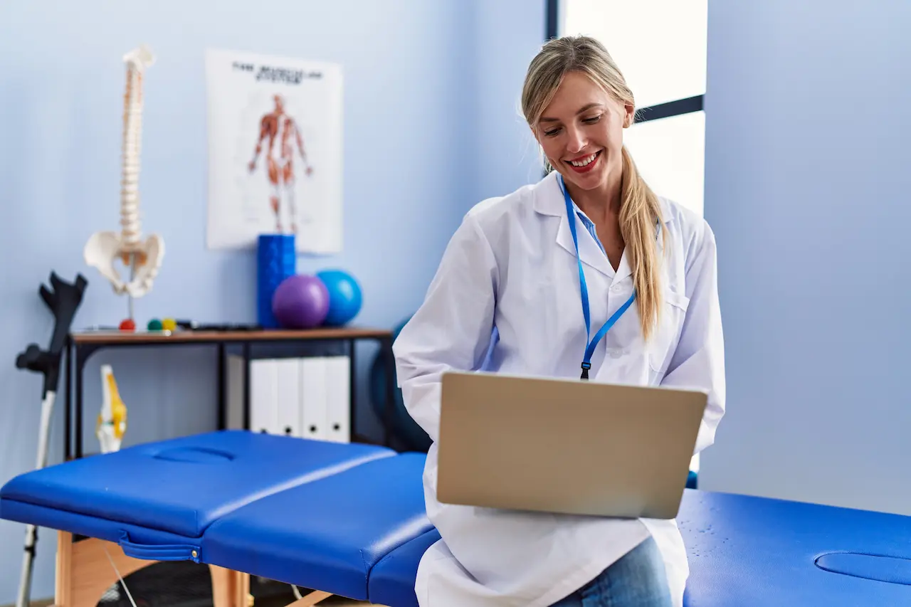 Online physiotherapist being happy